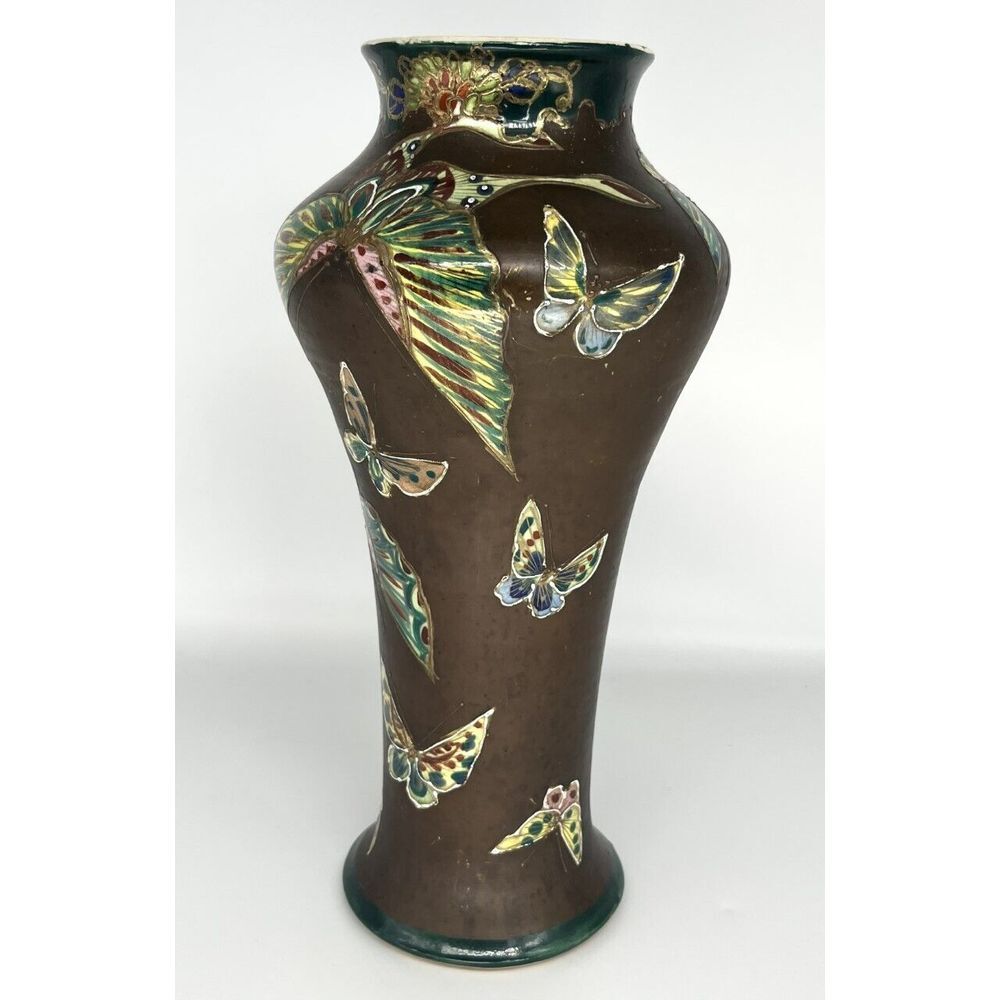 Antique Japanese Kyo-Yaki Butterfly Vase Hand Painted Brown Pottery c1900-1930